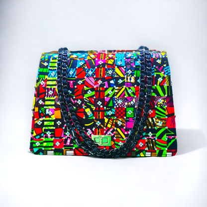 handmade embellished handbag with an Ankara patchwork design